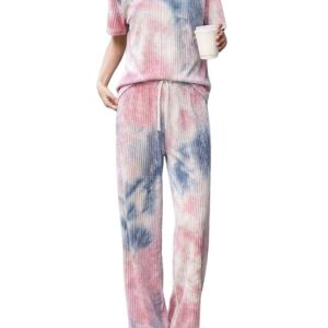 SMOWKLY Korean Night Dress |Summer wear | Lounge Wear |Everyday Pyjama Set |Tie-dye Relaxed Fit Stylish Pajama Sets | Short Sleeve Top & Long Pant Sleepwear Pjs Lounge Set Co-ords Outfit with Pockets